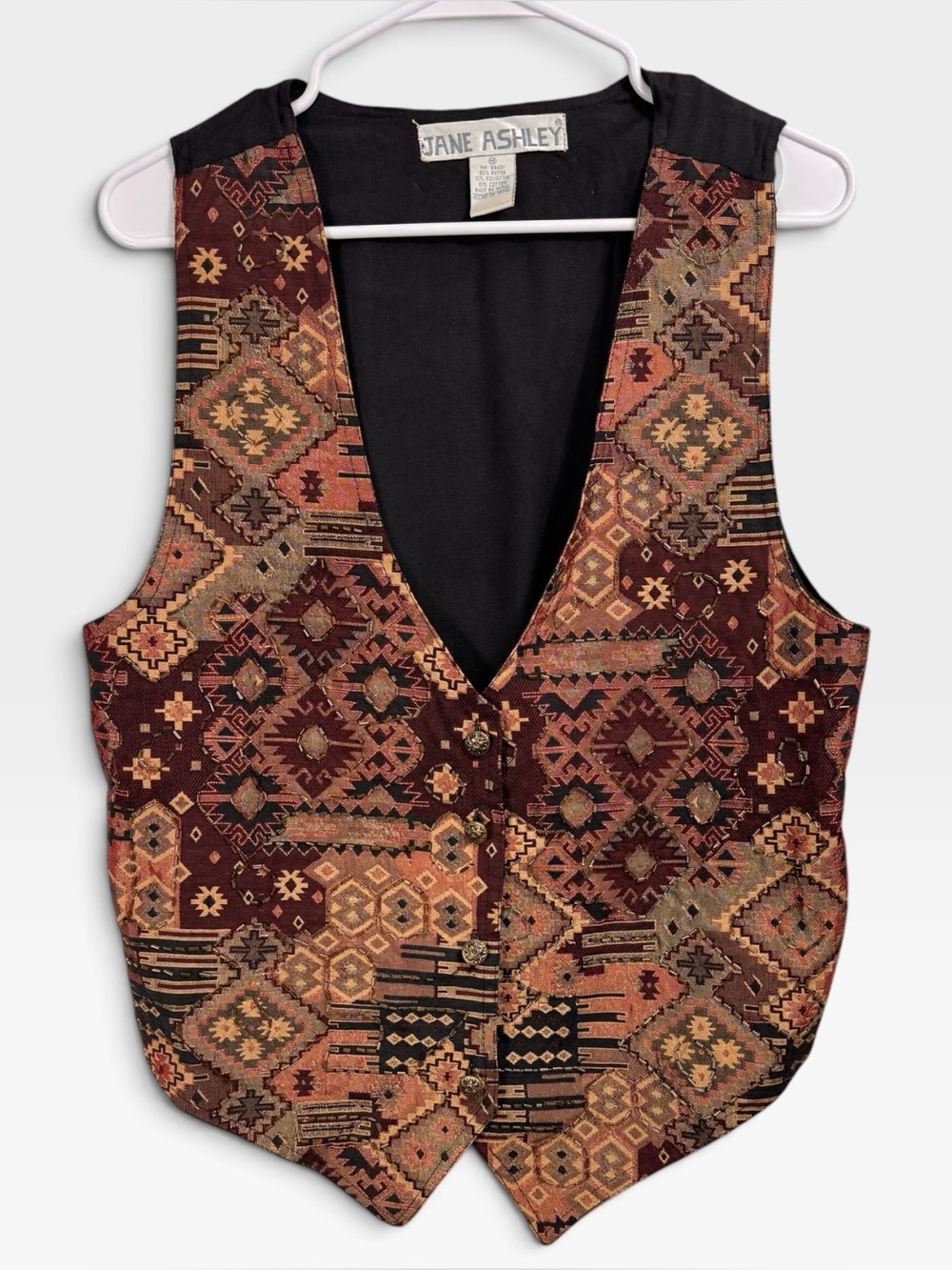 Jane Ashley Tapestry Beaded Vest Size Medium Southwestern Aztec Western Cowgirl